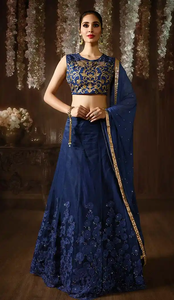 Raw Silk Blue Color Embroidery Party Wear Lehenga Choli | FH556183027