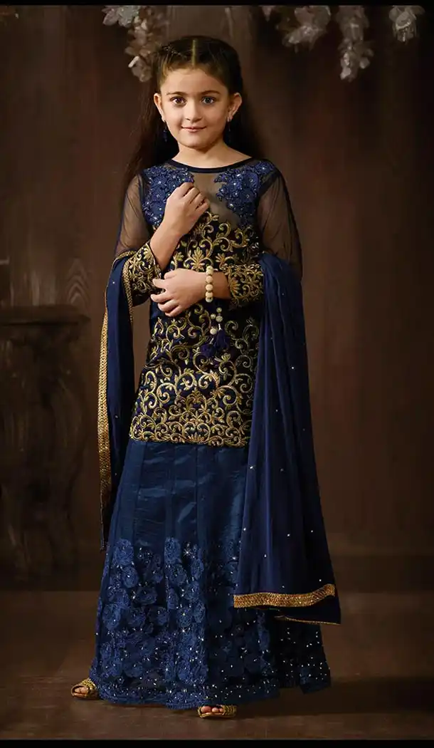 Blue Color Raw Silk Designer Wear Kids Short Kameez with Lehenga | FH556283039