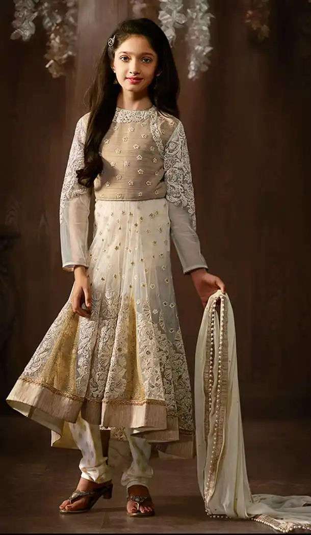 White Color Net Anarkali Style Kids Salwar Kameez | FH556283040