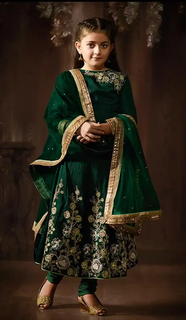 Green Color Net Anarkali Style Kids Salwar Kameez | FH556283041