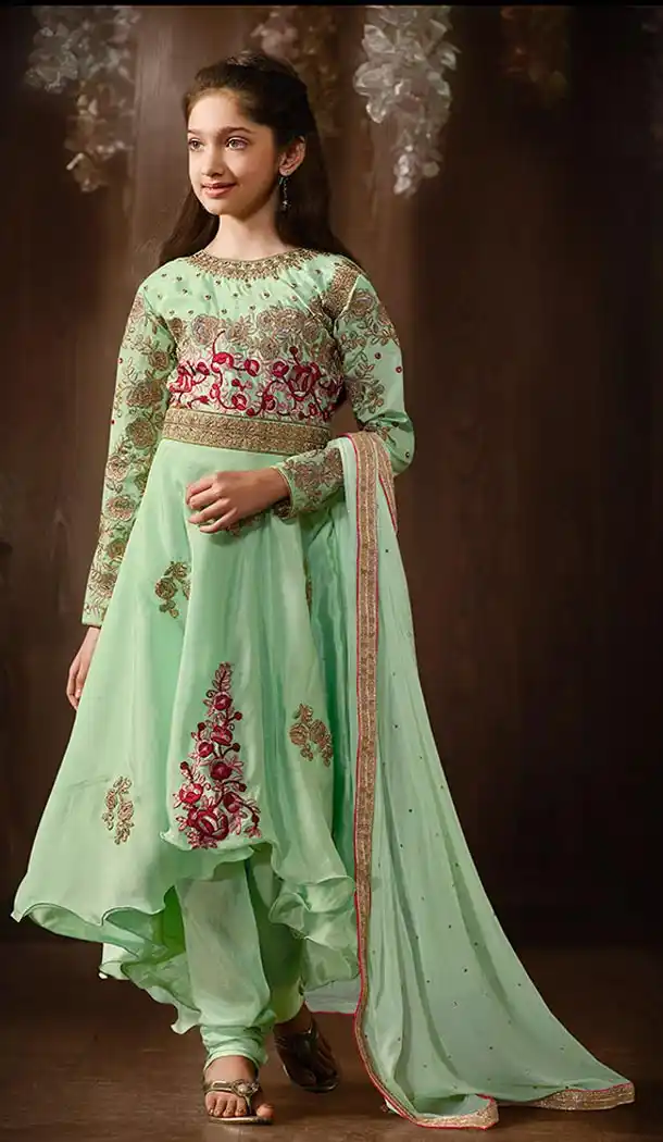 Green Color Raw Silk Anarkali Style Kids Girl Salwar Kameez | FH556283043