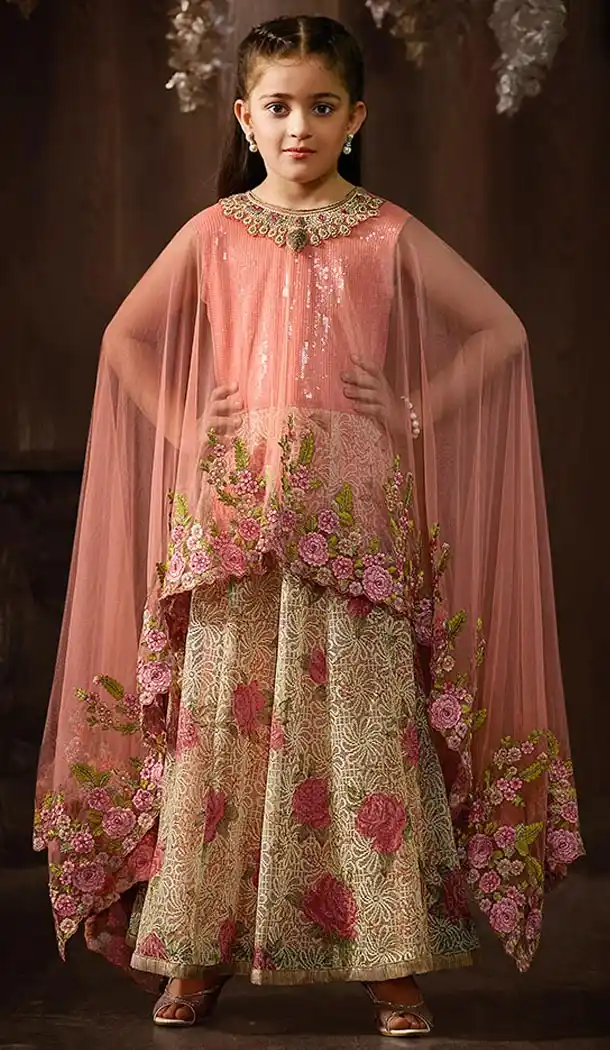 Cream Color Jacquard,Shimmer Anarkali Style Kids Girl Salwar Kameez | FH556283044