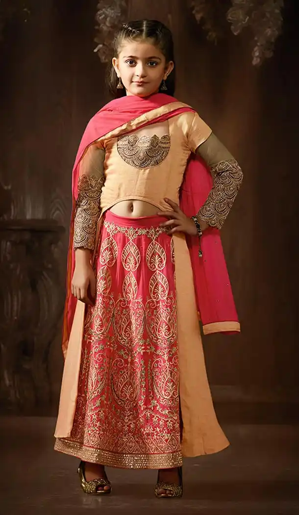 Orange Color Raw Silk Achkan Style Kids Girl Lehenga Kameez | FH556283046