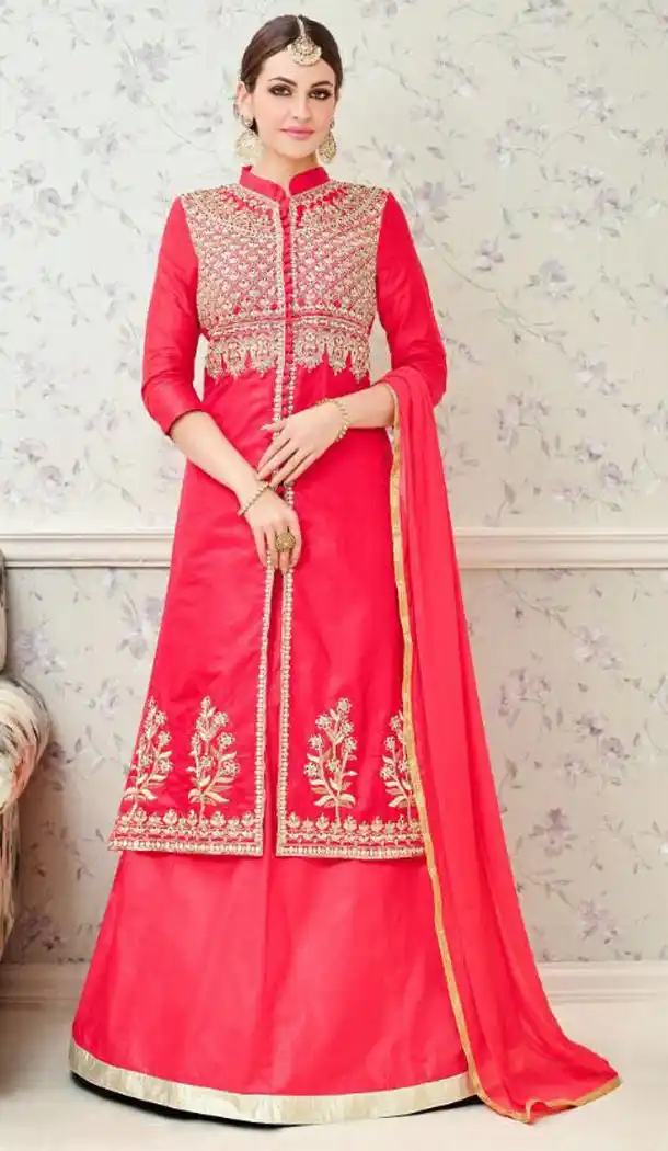 Deep Pink Color Pure Cotton Casual Wear Achkan Style Lehenga Suit | FH556483057