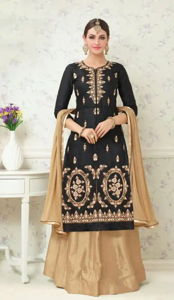 Black Color Pure Cotton Casual Wear Achkan Style Lehenga Suit | FH556483061