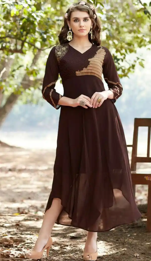 Chocolate Color Georgette A-line Style Embroidery Readymade Kurtis | FH558083282