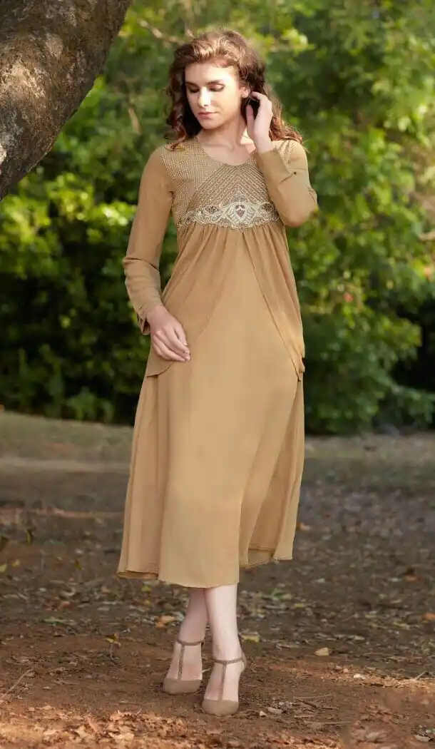 Tan Brown Color Georgette A-line Style Embroidery Readymade Kurtis | FH558083283