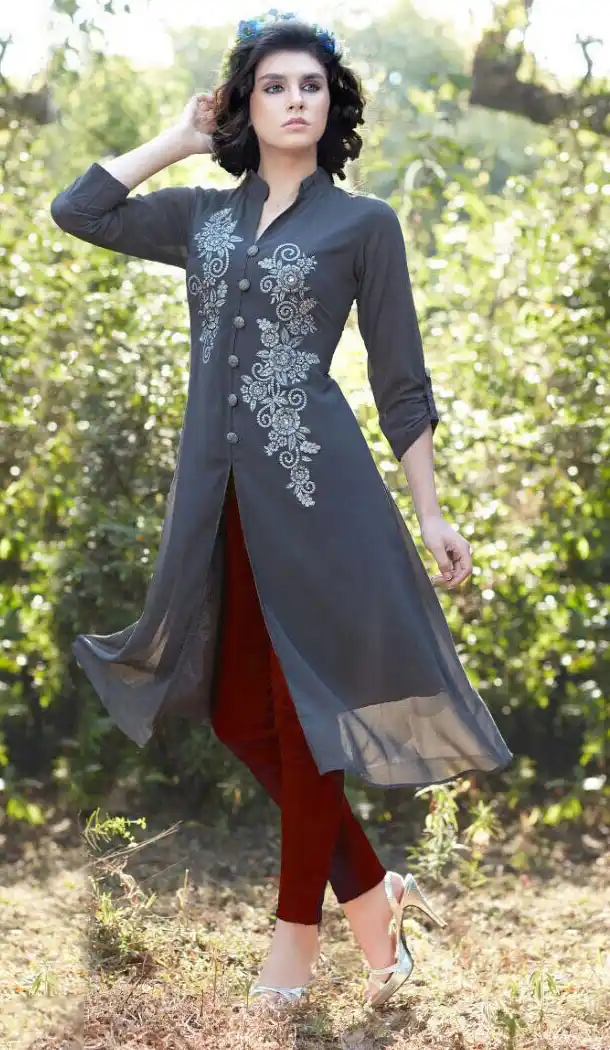 Slate Grey Color Georgette A-line Style Embroidery Readymade Kurtis | FH558083284