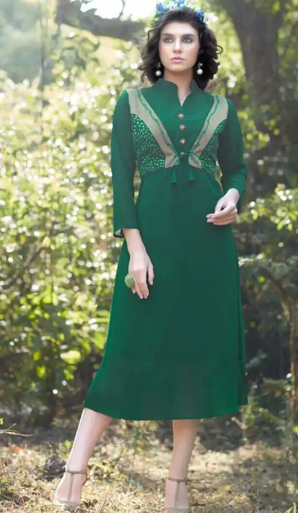 Emerald Color Georgette A-line Style Embroidery Readymade Kurtis | FH558083285