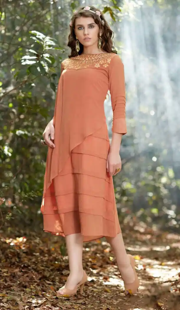 Orange Color Georgette A-line Style Embroidery Readymade Kurtis | FH558083286
