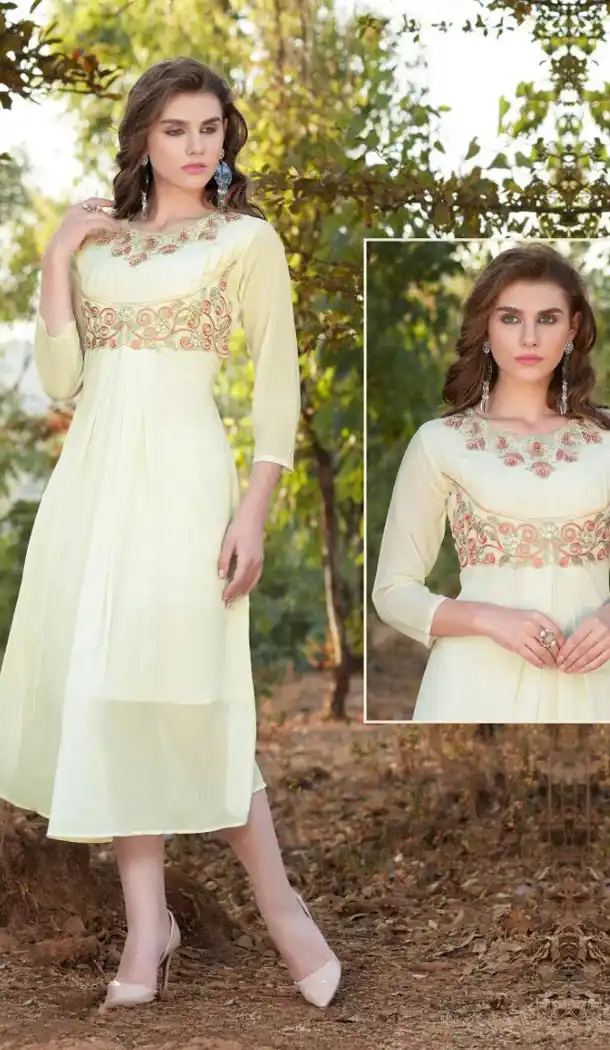 Off White Color Georgette A-line Style Embroidery Readymade Kurtis | FH558083287