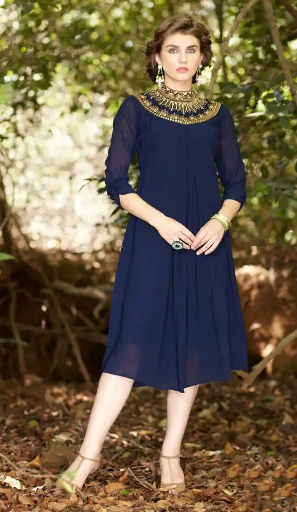 Blue Color Georgette A-line Style Embroidery Readymade Kurtis | FH558083288