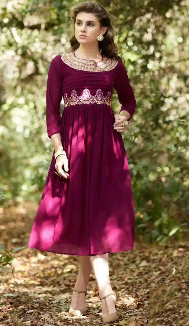 Purple Color Georgette A-line Style Embroidery Readymade Kurtis | FH558083289