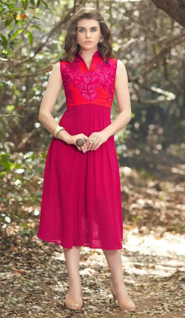 Deep Pink Color Georgette A-line Style Embroidery Readymade Kurtis | FH558083290