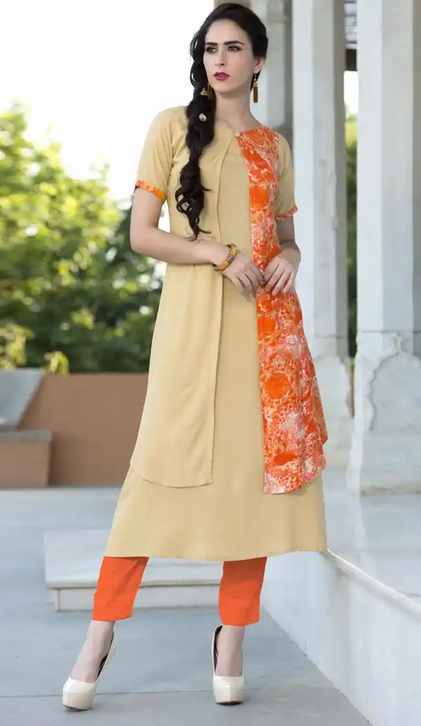Beige Color Graphic Print Straight Style Party Wear Readymade Kurtis | FH558183294