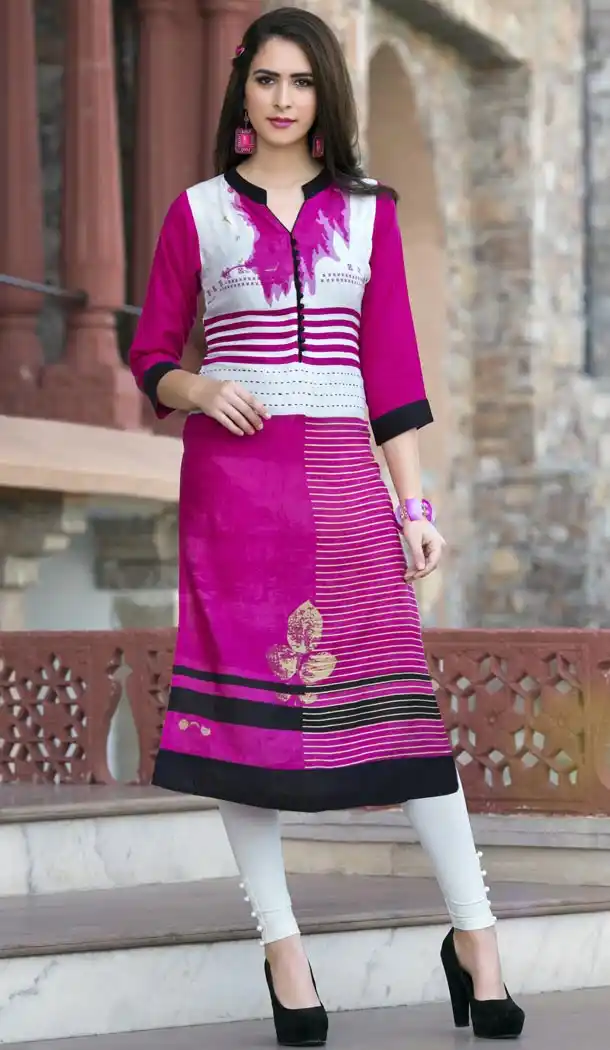 Deep Pink Color Graphic Print Straight Style Party Wear Readymade Kurtis | FH558183296