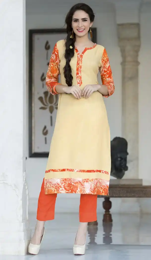 Beige Color Graphic Print Straight Style Party Wear Readymade Kurtis | FH558183297