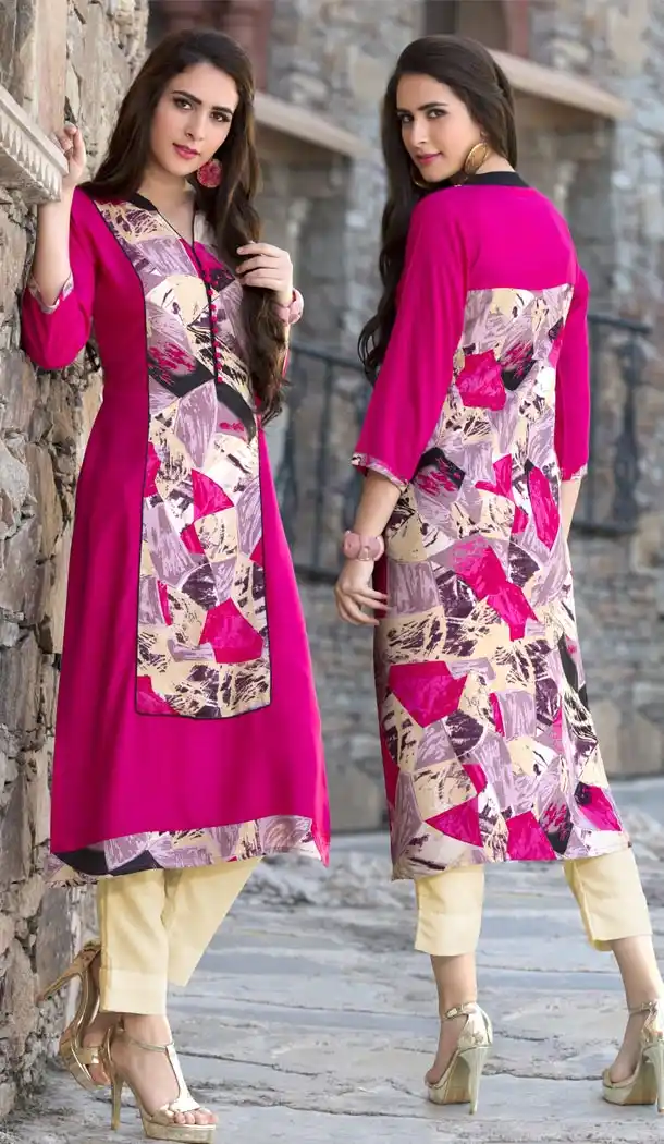 Deep Pink Color Graphic Print Straight Style Party Wear Readymade Kurtis | FH558183298