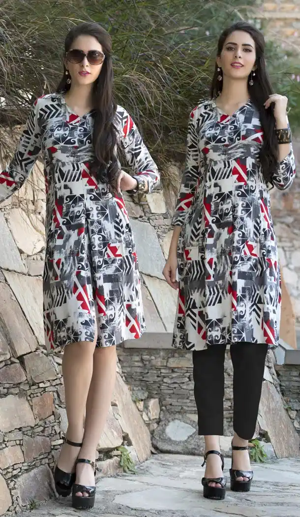 Grey Color Graphic Print Straight Style Party Wear Readymade Kurtis | FH558183299