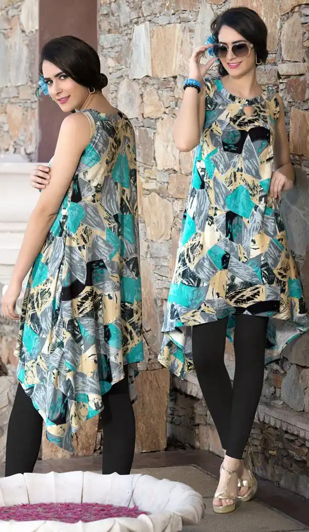 Turquoise Color Graphic Print A-line Style Party Wear Readymade Kurtis | FH558183300