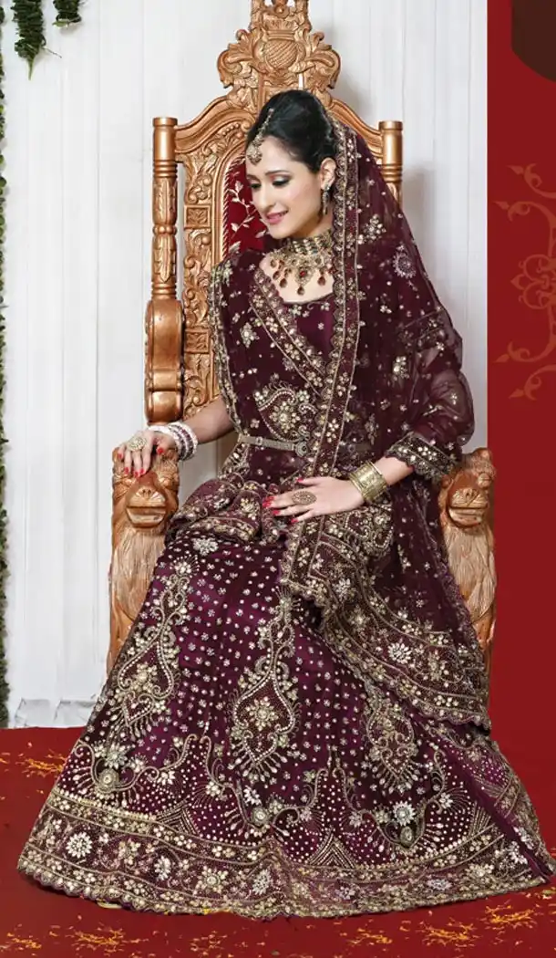 Bridal Indian Wedding Lehenga Choli in Maroon Net with Circular Style | FH558683321