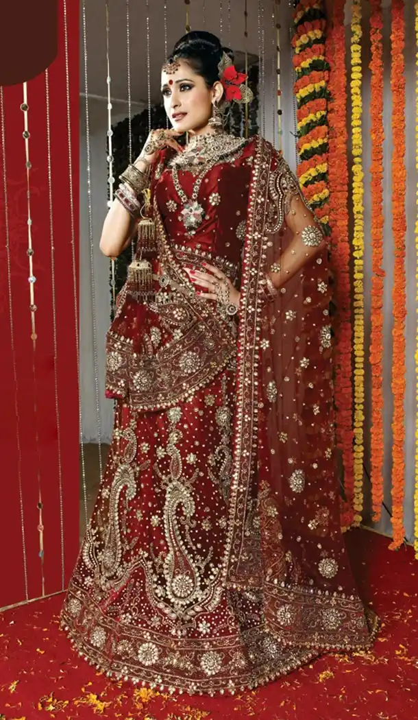 Bridal Indian Wedding Lehenga Choli in Maroon Color Net with Circular Style | FH558683324