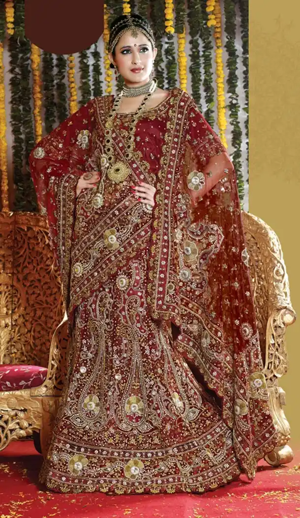 Bridal Indian Wedding Lehenga Choli in Maroon Color Net with Circular Style | FH558683330