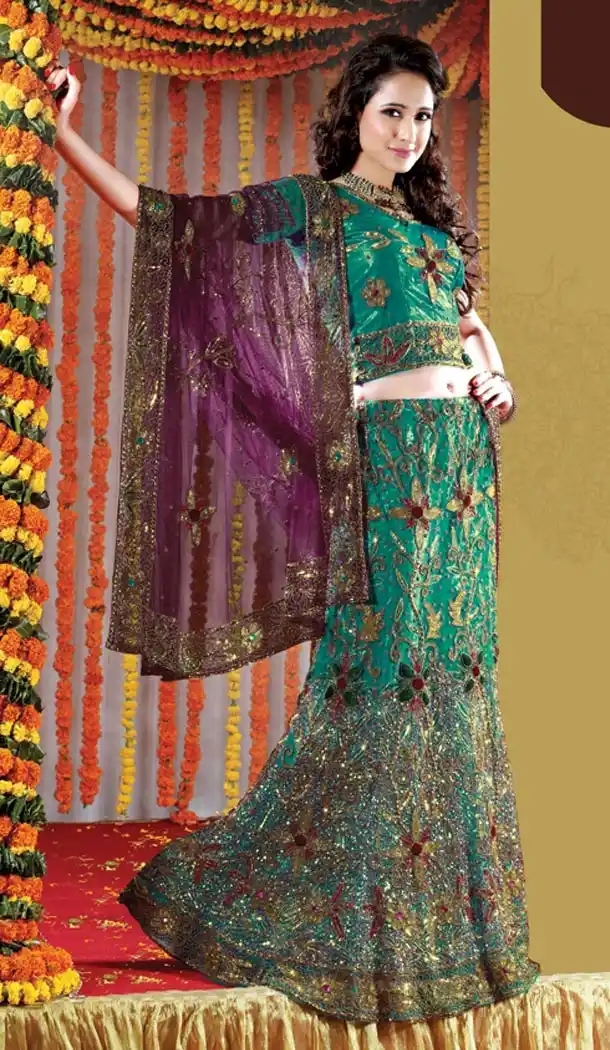 Bridal Indian Wedding Lehenga Choli in Emerald Color Net with Circular Style | FH558683337