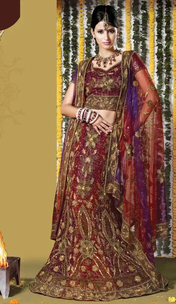 Bridal Indian Wedding Lehenga Choli in Maroon Color Net with Circular Style | FH558683338