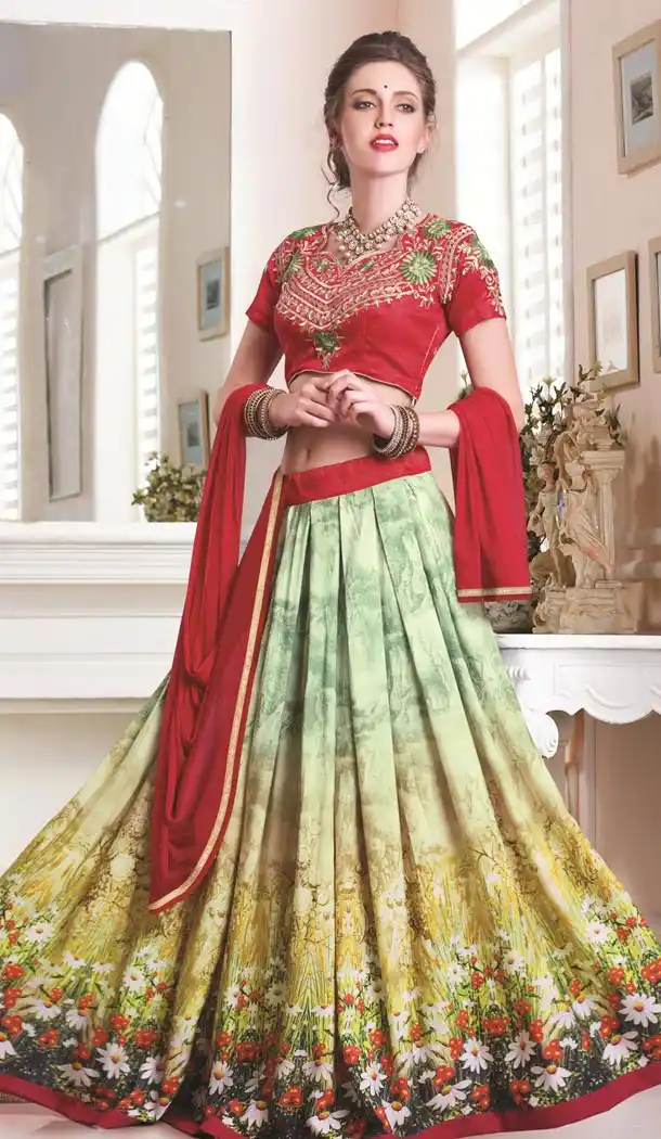 Aloe Vera Green Color Cotton,Satin Digital Print Circular Style Lehenga Choli | FH559683431