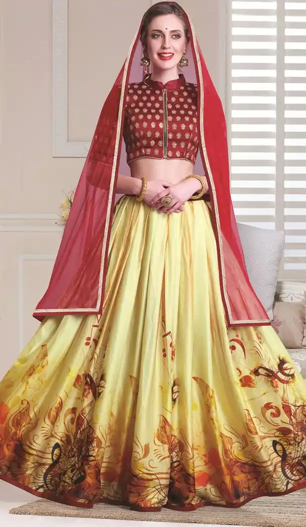 Lemon Color Cotton,Satin Digital Print Circular Style Lehenga Choli | FH559683432