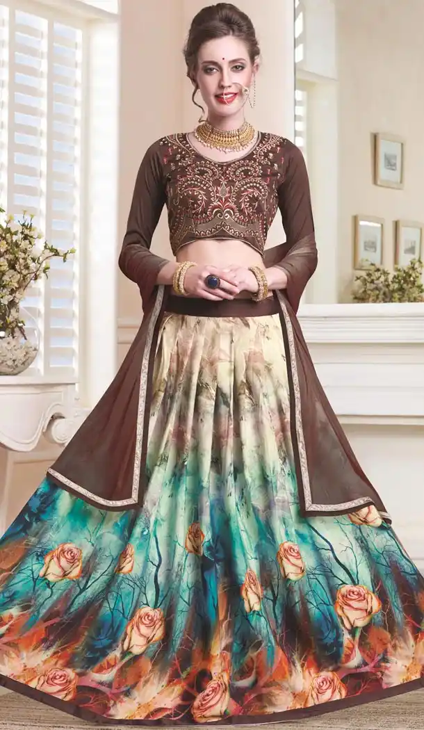 Beige Color Cotton,Satin Digital Print Circular Style Lehenga Choli | FH559683434