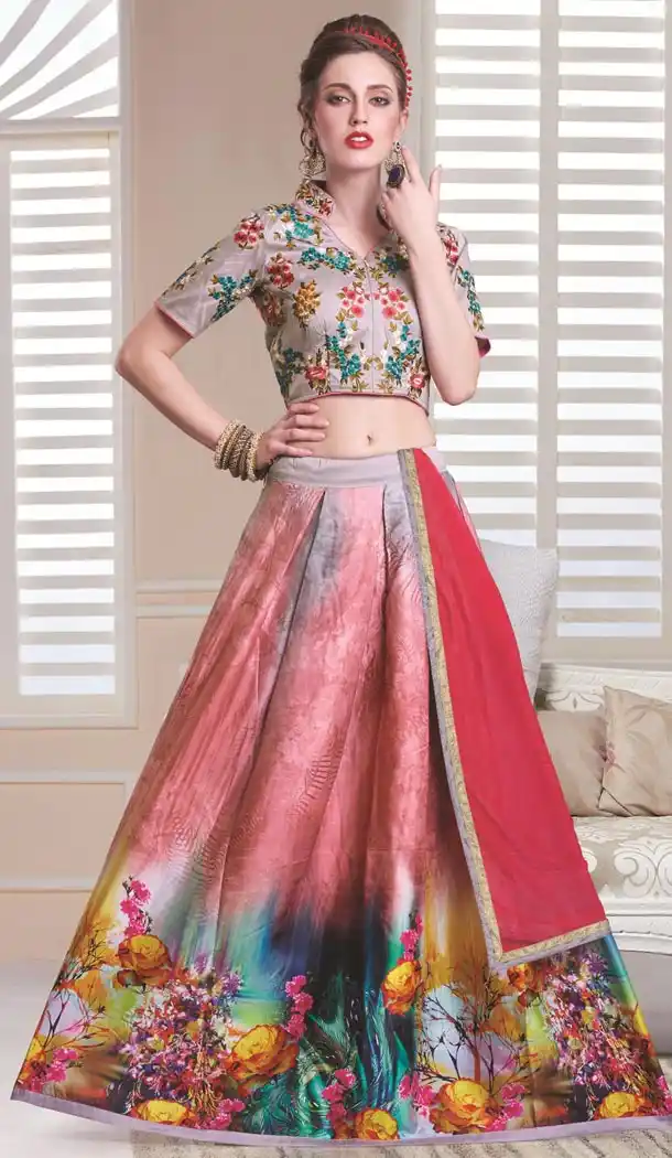 Salmon Color Cotton,Satin Digital Print Circular Style Lehenga Choli | FH559683437
