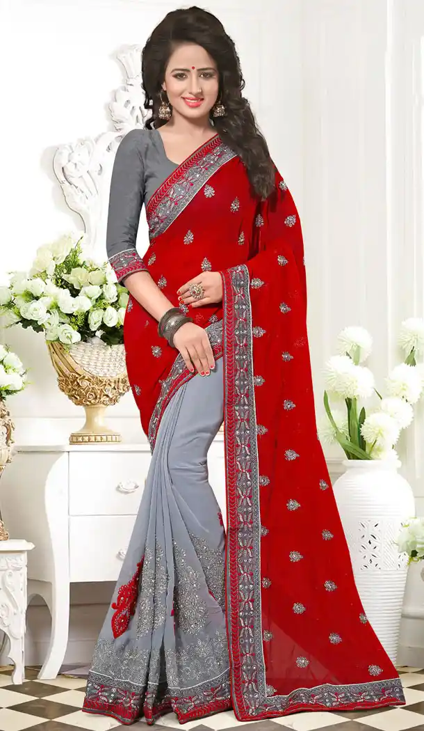 Red Color GeorgetteCrystals Stones Embroidery Party Wear Saree Blouse | FH559883448