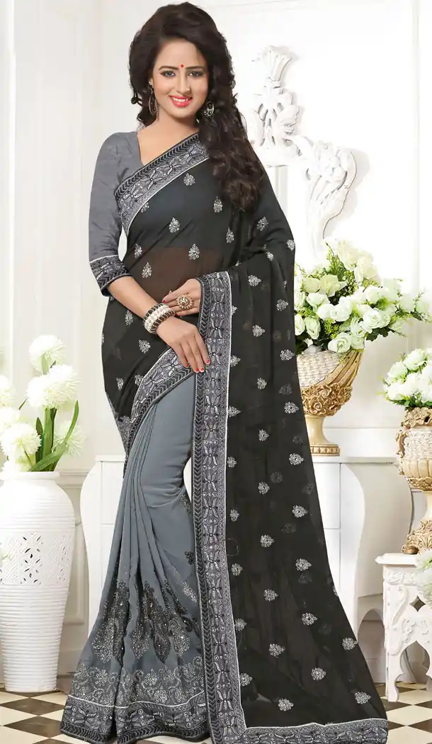 Grey Color GeorgetteCrystals Stones Embroidery Party Wear Saree Blouse | FH559883449