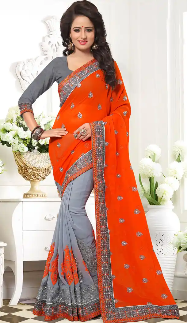 Orange Color GeorgetteCrystals Stones Embroidery Party Wear Saree Blouse | FH559883450