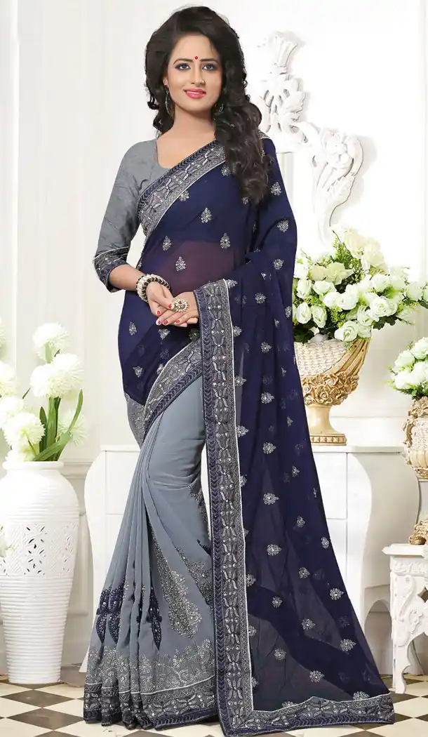 Navy Blue Color GeorgetteCrystals Stones Embroidery Party Wear Saree Blouse | FH559883451