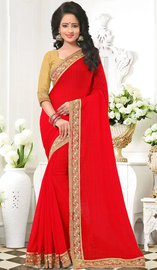 Red Color Chiffon Lace Beads Work Party Wear Saree Blouse | FH559883453