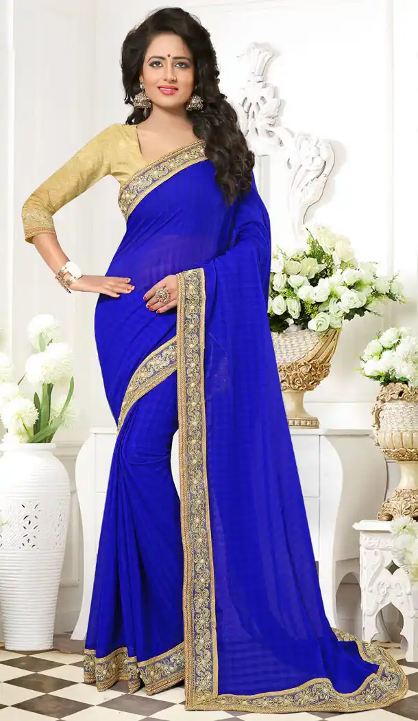 Blue Color Chiffon Lace Beads Work Party Wear Saree Blouse | FH559883454