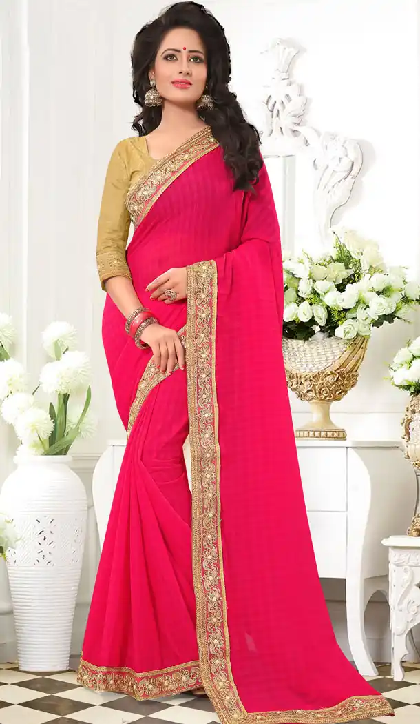 Deep Pink Color Chiffon Lace Beads Work Party Wear Saree Blouse | FH559883455