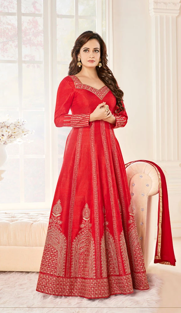 Celebrity Dia Mirza Red Color Georgette Anarkali Style Churidar Kameez | FH560683578