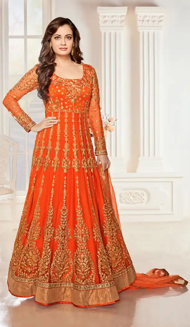 Celebrity Dia Mirza Orange Color Georgette Anarkali Style Churidar Kameez | FH560683579