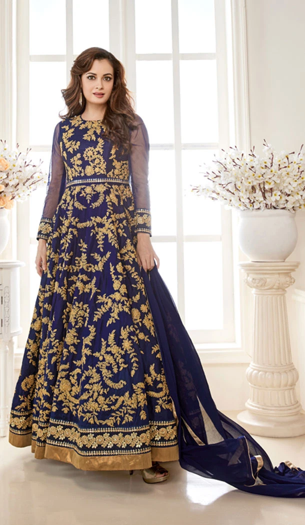 Celebrity Dia Mirza Navy Blue Color Georgette Anarkali Style Churidar Kameez | FH560683581