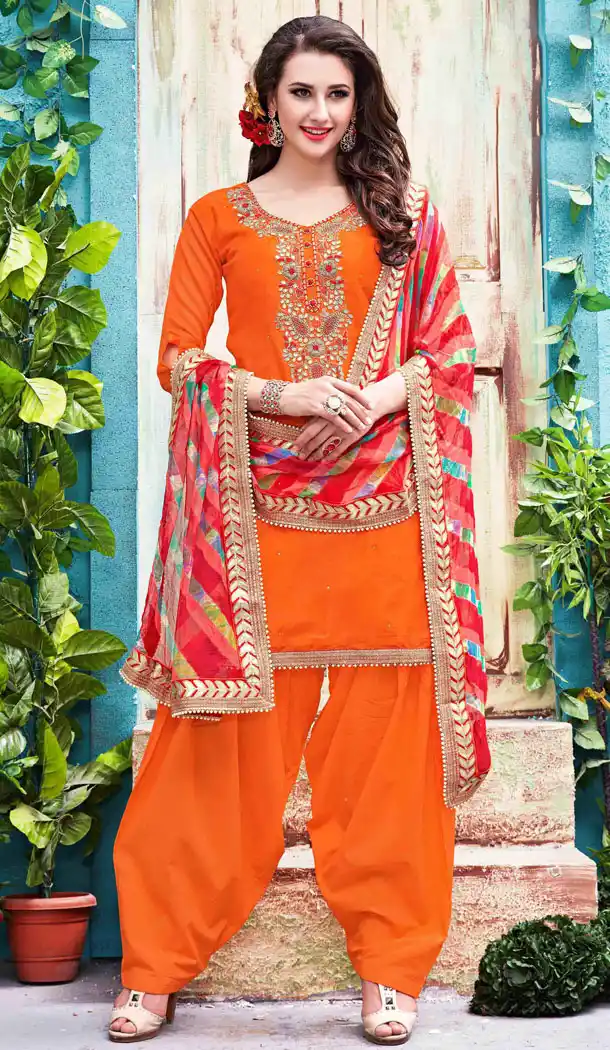 Orange Color Chanderi Silk Straight Cut Paty Wear Punjabi Patiyala Suit | FH560783582