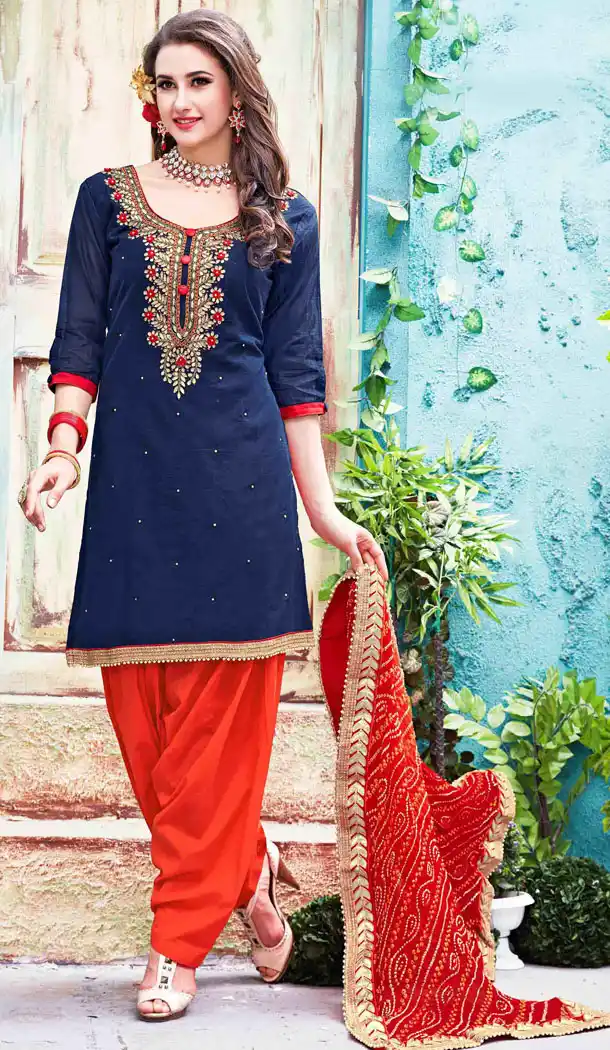 Navy Blue Color Chanderi Silk Straight Cut Paty Wear Punjabi Patiyala Suit | FH560783583