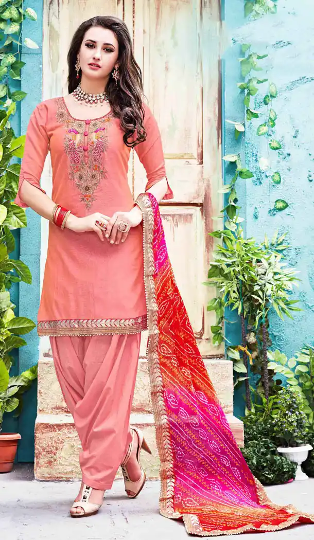 Salmon Color Chanderi Silk Straight Cut Paty Wear Punjabi Patiyala Suit | FH560783584