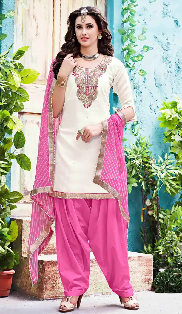 Off White Color Chanderi Silk Straight Cut Paty Wear Punjabi Patiyala Suit | FH560783585
