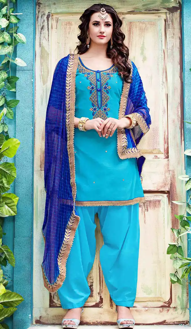 Sky Blue Color Chanderi Silk Straight Cut Paty Wear Punjabi Patiyala Suit | FH560783586