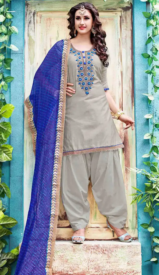 Grey Color Chanderi Silk Straight Cut Paty Wear Punjabi Patiyala Suit | FH560783587