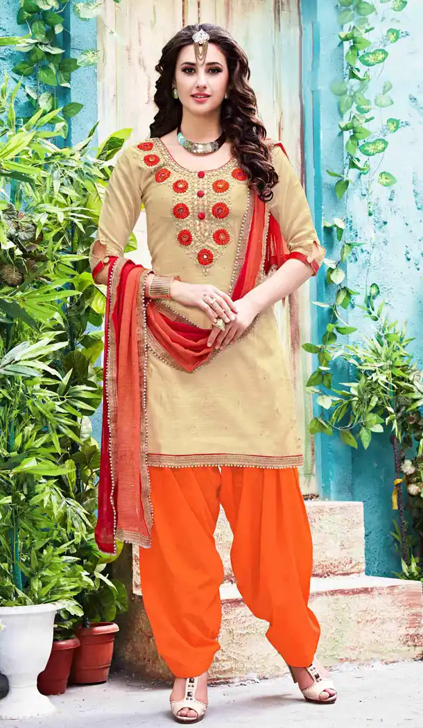 Beige Color Chanderi Silk Straight Cut Paty Wear Punjabi Patiyala Suit | FH560783588